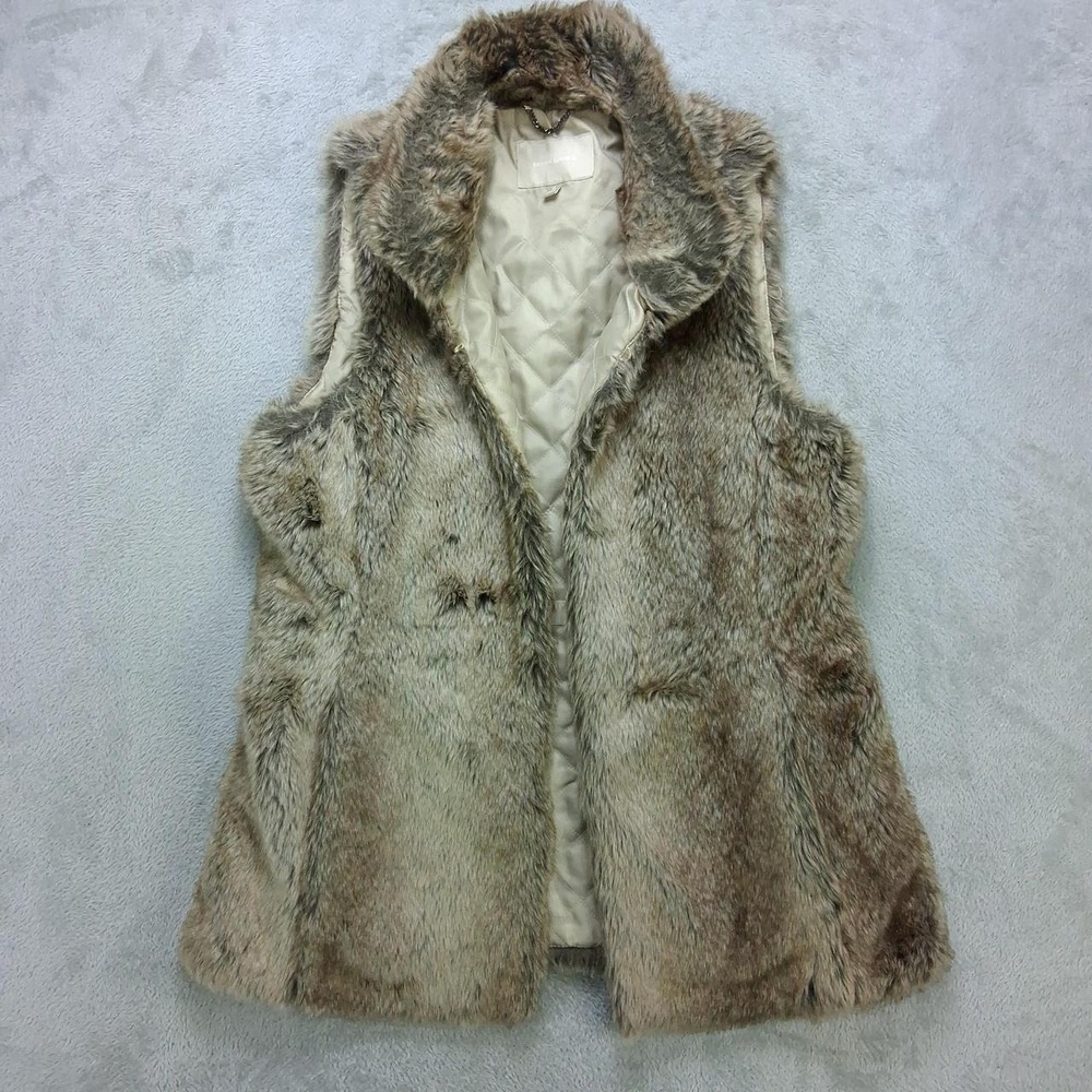 Banana Republic Women Beige Faux Fur Hooded Vest Size M Brown Quilted Lined